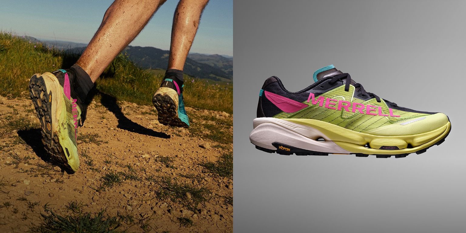 Black, pink and yellow Merrell SpeedArc shoes.